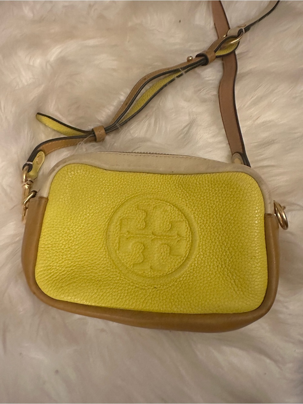 Tory Burch Yellow and Tan Pebbled Leather Crossbody